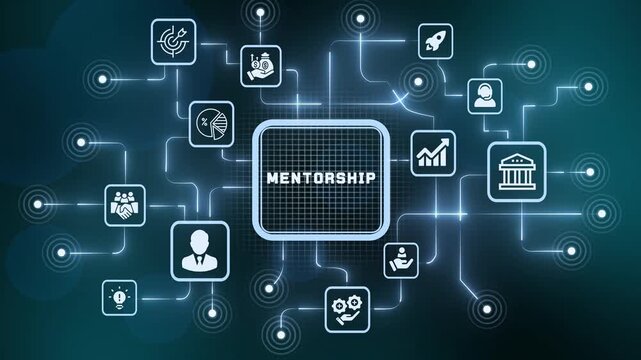 Professional mentorship and career guidance network interface with digital glowing line icons on futuristic background.