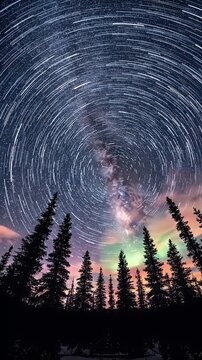 Star Trails Over Silhouetted Evergreen Forest at Night - A mesmerizing time-lapse captures the celestial dance of star trails forming concentric circles across the night sky.
