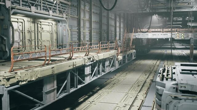 Futuristic production line with autonomous transporter, precision assembly stations and robotic arms, conveyor belts with calibrated actuators, steel panels