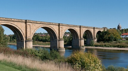 Fototapeta premium Historic stone railway viaduct spanning a wide river with lush green banks and distant town buildings under a clear blue sky