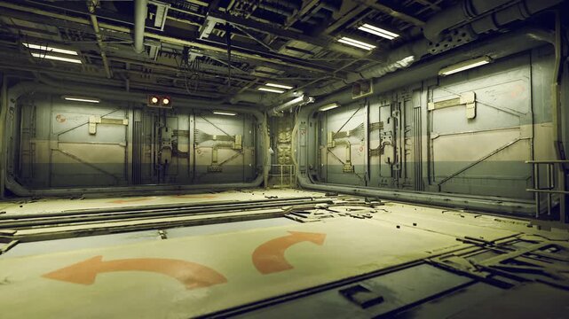 Empty industrial cargo bay with arrows, automated drone maintenance and service robots preparing cargo under cold overhead lighting, metal bulkheads, conduit