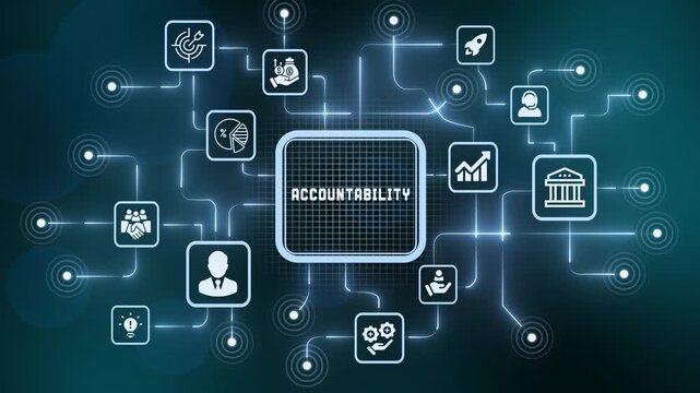 Corporate accountability and transparent business governance network concept with digital line icons on dark blue background.