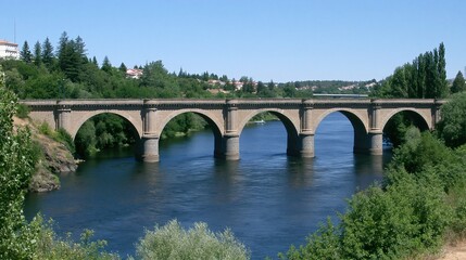 Fototapeta premium Historic Stone Arch Bridge Spanning a Wide River Amidst Lush Greenery and Clear Blue Sky