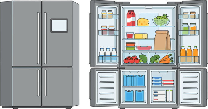Modern smart refrigerator vector illustration showing closed french door fridge with screen and open refrigerator filled with fresh grocery food items