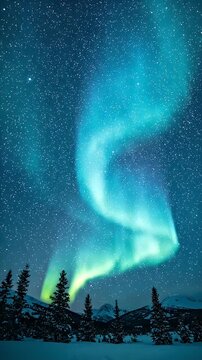 Aqua Blue Aurora Sky Seamless Loop - A mesmerizing display of aqua blue aurora borealis dances across a star-filled night sky above a snow-covered forest and distant mountains.