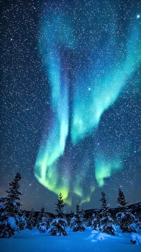 Aquablue Aurora Over Snowy Forest Night Sky Loop - A stunning display of aquablue and green aurora borealis dances across a star-filled night sky, seen above a silent, snow-covered forest of pine