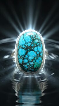 Turquoise Ring Ripples Background Animation - An oval turquoise ring, showcasing its intricate matrix pattern, is illuminated by a bright light emanating from above.