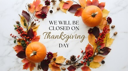 Obraz premium Thanksgiving closure announcement with autumn decor festive holiday message