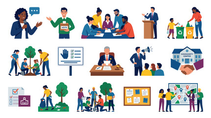 Fototapeta premium Community Engagement and Civic Action Icons - Flat Vector Style