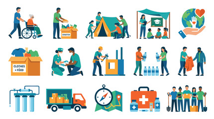 Fototapeta premium Charity and Volunteering Flat Icons Set: Helping Hands, Donation, Community Support
