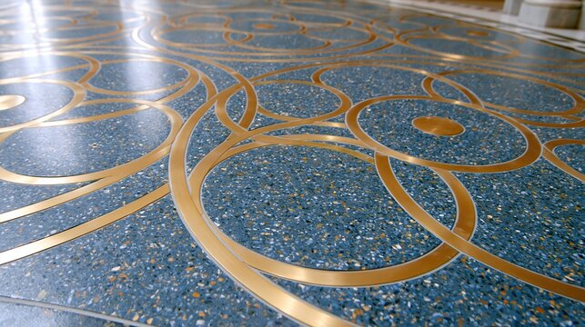 Close-up of a luxurious blue speckled terrazzo floor with intricate gold geometric inlay patterns