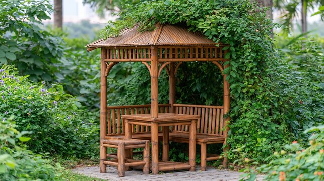 Tranquil bamboo gazebo with seating and table nestled within lush green garden foliage