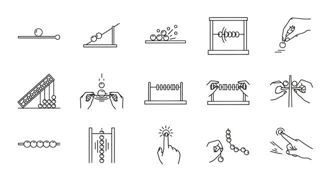 Newton cradle physics experiment line icons showing motion energy transfer and pendulum mechanics in science education setting