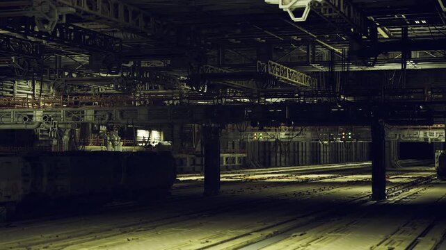 Wide depot interior under low light, rows of beams and tracks receding into darkness, industrial geometry and quiet maintenance pause evoking solitude