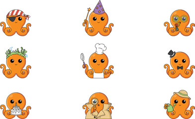 Obraz premium Cute Orange Octopus Character Set Wearing Various Costumes Including Pirate, Wizard, Chef, Detective, and Gentleman Outfits Vector Illustration for Graphic Design