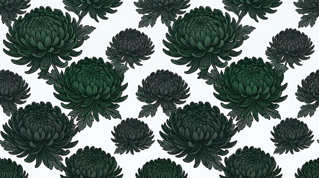 Seamless pattern of dark green chrysanthemum flowers on white