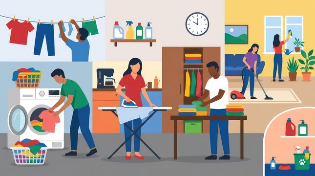 Family doing laundry together indoors.