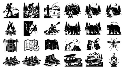 Fototapeta premium Camping and wilderness hiking adventure icon set