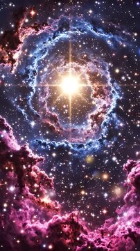 Cosmic Nebula with Bright Star - A vibrant, abstract cosmic nebula glows with a bright star at its center. Swirling clouds of blue and pink gas are illuminated by countless sparkling celestial bodies.