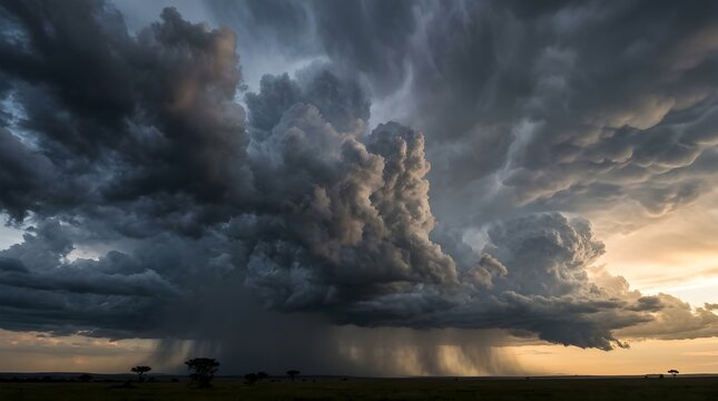 Dramatic monsoon storm clouds over savanna. Dark thunderheads with heavy rain and sunset.