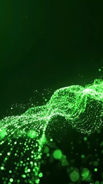 Abstract Green Particle Wave Background - A dynamic background featuring a flowing wave of bright green particles, shimmering like glitter against a dark green, subtly blurred backdrop.