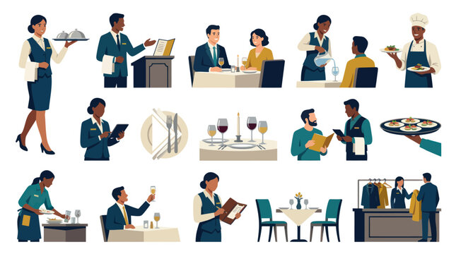 Flat Style Illustration: Restaurant Staff Serving Guests, Chef, Table Setting