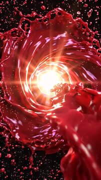 Red Liquid Swirl with Glowing Center - A dynamic abstract visual depicts vibrant red liquid swirling in a vortex.