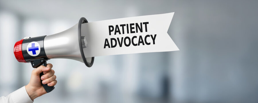 Patient advocacy concept with megaphone symbol promoting health equity initiatives for better care and support in medical environment