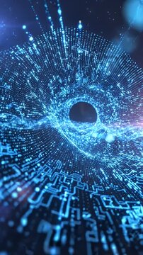 Abstract Digital Wave Tunnel Background - This abstract visual features a glowing blue particle wave forming a digital tunnel, suggesting data flow through a futuristic landscape.