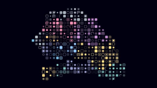 Senegal animation. Shape of the country with pulsating colored dots. Large size rounded square blocks. Digital style Senegal map on dark background. Trending video.