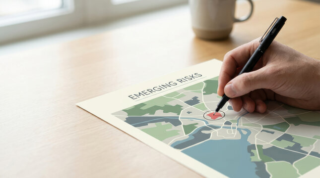 Global risk assessment series map planning hand holding pen desk office paper target analysis