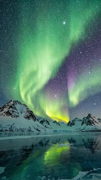 Aurora Borealis Reflection on Frozen Lake - The spectacular Aurora Borealis dances across the night sky above snow-capped mountains and a frozen lake.