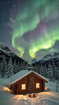 Cozy Log Cabin Under Winter Aurora Borealis - A charming wooden log cabin nestled in a snowy forest with mountains in the background, illuminated by a vibrant aurora borealis in the night sky.