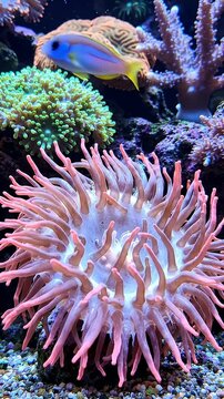 Close-up Of White Sea Anemone With Pink Tips And Coral - A vibrant, detailed close-up showcases a beautiful white sea anemone with delicate pink-tipped tentacles.