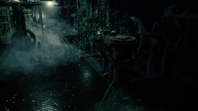 Misty engine aisle at night with glowing overhead lights, puddles reflecting cold illumination, autonomous cleaner drone sweeping catwalk while steam curls