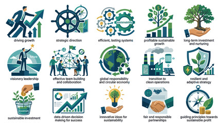 Fototapeta premium Business Sustainability Flat Vector Icon Set. Corporate Growth, Green Finance, Environmental Responsibility Illustrations.