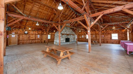Obraz premium Rustic wooden lodge interior with stone fireplace, picnic table, and checkered tablecloths, perfect for events