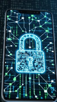 Digital Lock on Smartphone Screen with Binary Code Background - A smartphone displays a glowing digital padlock icon overlaid on a circuit board pattern and binary code.