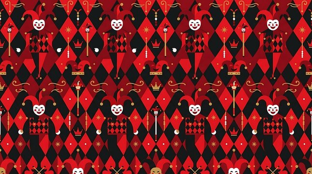 Seamless harlequin jester pattern with red and black geometric motifs