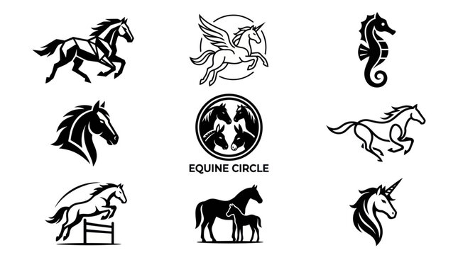 Equestrian silhouettes and mythical horse symbol collection.