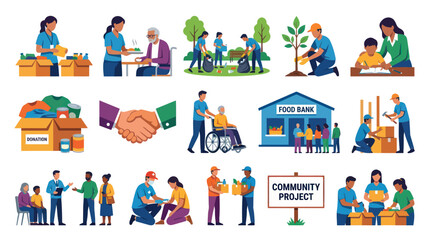 Fototapeta premium Flat Vector Illustration Set: Community Service, Charity, and Volunteering Activities for Social Aid
