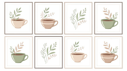 Obraz premium Set of 8 Abstract Botanical Coffee Cup Illustrations - Minimalist Home Decor Art