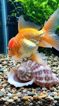Fancy Goldfish Resting on Seashell in Aquarium - A vibrant orange goldfish with a distinctive head growth swims near a large, decorative seashell resting on colorful gravel.