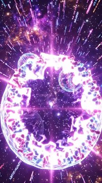 Futuristic Cell Division Abstract Art - A vibrant abstract art piece depicting a futuristic cell undergoing division with glowing chromosomes in a digital cosmos.