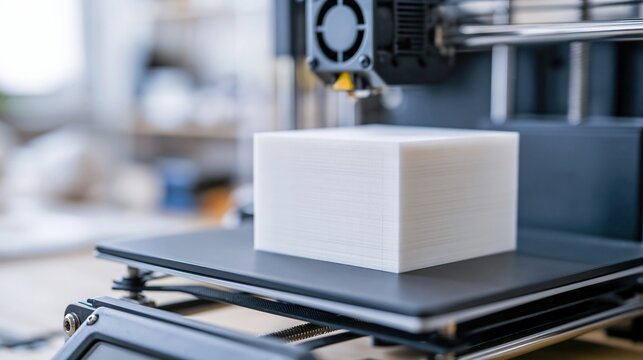 Modern 3D Printer Precisely Creating a White Plastic Cube Object Layer by Layer in a Workshop