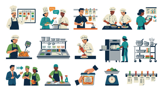 Food Service Industry Flat Vector Illustration: Restaurant Kitchen Operations, Staff Management, and Food Prep