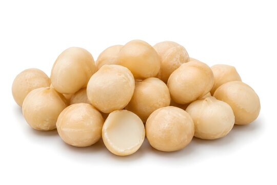A pile of premium shelled macadamia nuts isolated on a solid white background. Ideal for gourmet snack packaging, keto diet advertising, and healthy food blogging.