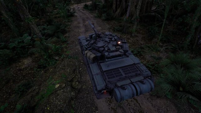 Night ambush ready armored vehicle halted on trail, ember lamp casting faint glow, fog and gloom settling over foliage, vigilant silent posture conveying
