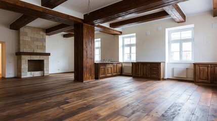 Obraz premium Spacious rustic interior with exposed wooden beams, stone fireplace, and hardwood floors