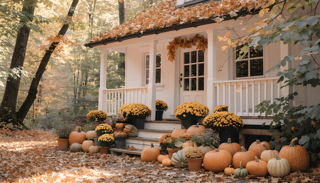 Cozy white house with pumpkins and mums on the porch in autumn with leaves on the ground and trees in the background